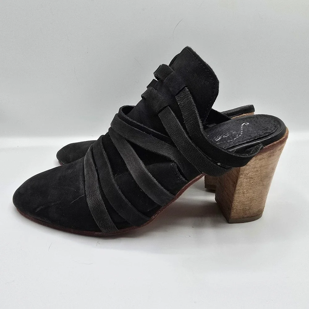 Free People Byron Mules Black Suede Leather Strappy Clog Heels‎ Size 38